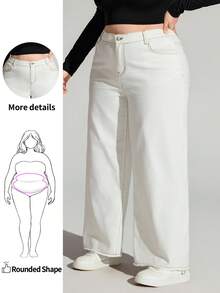 Enliva 大码女式口袋磨边阔腿宽松休闲百搭白色牛仔裤/秋冬牛仔裤 - 白色 - 查看 1