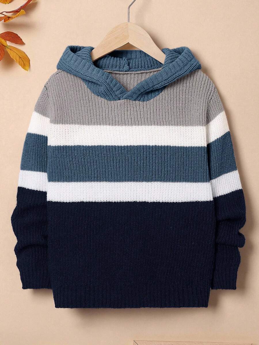 SHEIN Boys' Oversized Striped Hooded Pullover Sweater - Blue - View 1