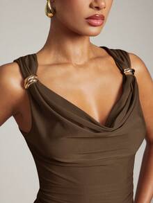 Hauture Women's Basic Casual Office Ruched Shoulder With Gold Decor Cowl Neck Top - Brown - View 3