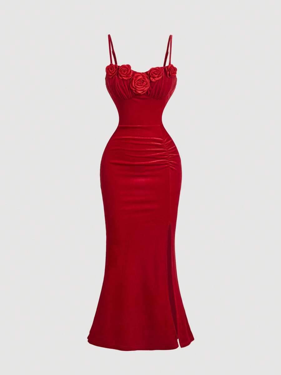 SHEIN MOD 女士复古红色碎花图案高开衩丝绒鱼尾连衣裙，派对礼服，红色连衣裙，圣诞老人连衣裙，女士派对礼服，新年晚礼服，丝绒 - 紅色 - 查看 1