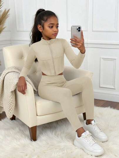 SHEIN Tween Girls 2pcs Outfit - Solid Color Zip-Up Jacket And Leggings, Casual Sporty Collegiate Style Long Sleeve Sweatshirt And Skinny Pants Set, Young Fashionable Student Activewear