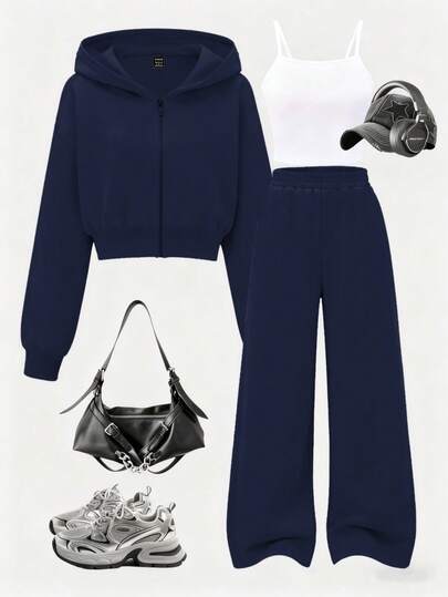 SHEIN Set de 3 piezas de mujer con camiseta de tirantes minimalista casual, sudadera con cremallera corta y pantalones de pierna ancha, adecuado para uso diario