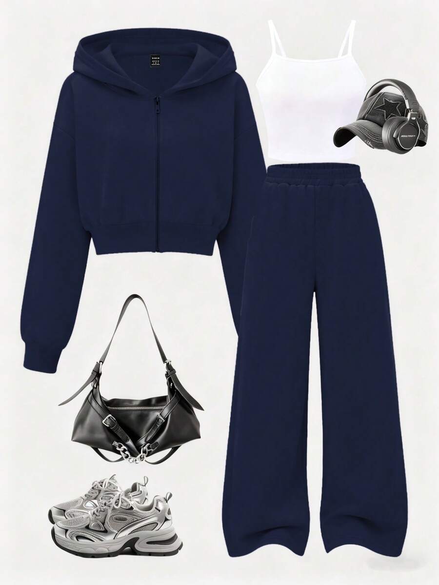 SHEIN Bộ 3 món đồ bộ đồ nữ đơn giản, áo hoodie ngắn có khóa kéo và quần ống rộng, thích hợp mặc hàng ngày - Màu xanh hải quân - Xem 1