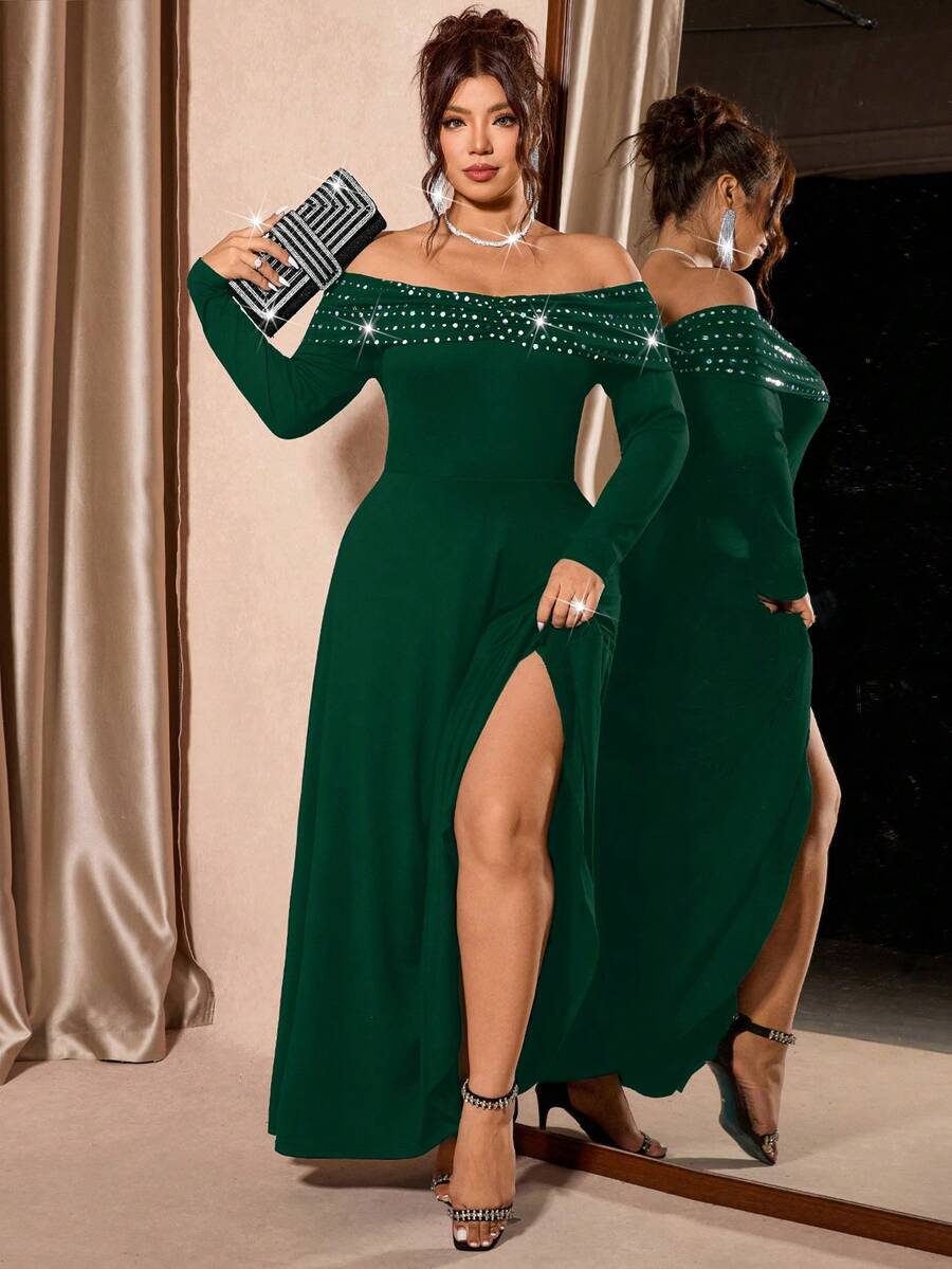 Cravure Đầm trễ vai thanh lịch cỡ lớn cho nữ, thích hợp cho tiệc tùng và hẹn hò - Màu xanh lá cây đậm - Xem 1
