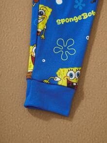 SpongeBob SquarePants | SHEIN 2pcs/Set Young Boy Cartoon Pattern Contrast Trim Knit Crew Neck Long Sleeve Top And Pants Tight Fit Pajama Set