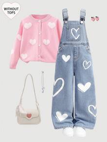 Young Girl' Cute White Heart Pattern Blue Denim Loose Bib Pants,Fall Clothes,Winter Clothing ,Casual And Fashionable Vacation Outfits,Streetwear,2000s Style  ,Christmas Clothing,Heart Pattern  Overall,Young Girl Overall - Light Wash - View 2