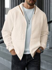 Manfinity CasualCool Men's Fashionable Casual Hooded Textured Fabric Cream Zip Up Beige Sweatshirt - Apricot - View 3