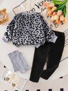 2pcs Toddler Girls' Leopard Print Long Sleeve Cardigan And Solid Ribbed Pants Set, Casual Outfit For Spring/Autumn