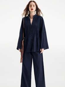 Aveloria Modichic Ensemble top à cordon de serrage vintage à la mode et pantalon large, décontracté et polyvalent