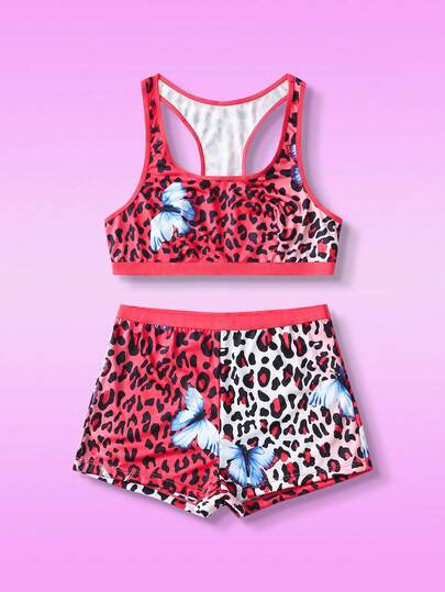 Notgurli 两件套性感蝴蝶豹纹渐变撞色吊带背心+平角内裤套装，适合健身房、音乐节、派对等场合。