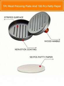 1Set Stainless Steel Hamburger & Patty Maker Mold With Wooden Handle, Non-Stick - Includes 100pcs Patty Papers.