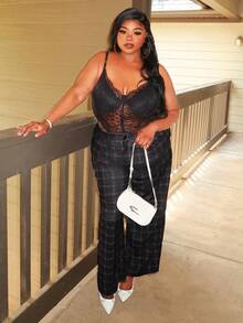 Enliva Plus Size Women's Straight Leg Pants, Plaid Print Pattern, Pocket Detail, Elastic Waist Trousers/Autumn /Winter - Black - View 6