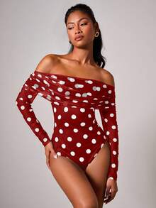 COSMINA 女士优雅波点露肩连体衣 - 紅色 - 查看 5