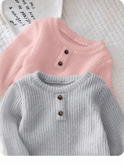 SHEIN 2pcs Newborn Baby Boy/Girl Grey & White Vintage Casual All-Match Decorative Button Crew Neck Long Sleeve Textured Knit Ribbed Pullover Tops, Versatile & Stylish For Indoor & Outdoor, Autumn/Winter
