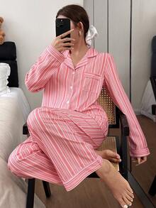SHEIN Women's Turndown Collar Striped Print Loose Long Sleeve Pajama Set Striped Pajama Set Striped Pjs - Multicolor - View 4