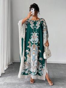 Rometta Gaun Longgar Bermotif Lengan Kelelawar Leher Bulat Ukuran Plus, Cocok untuk Liburan dan Acara Kumpul-kumpul - Hijau - View 5