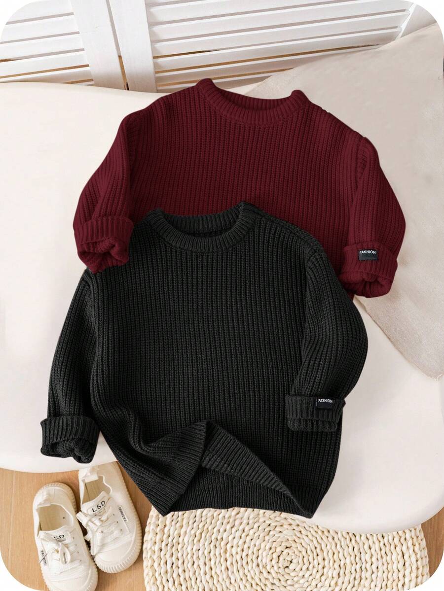 SHEIN 2 件套开学季男孩棕色和卡其色纹理宽松套头衫，适合休闲装、居家装和学校装 - 紅色 - 查看 1