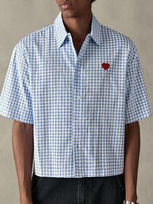 SWAVVY Męska koszula w kratę z haftem w kształcie serca i krótkim rękawem, z guzikami z przodu