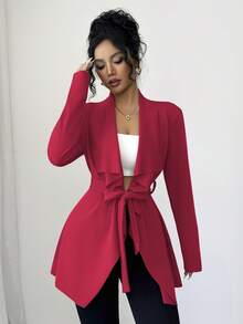 Elenzga Women's Elegant Commuter Solid Color With Belt Regular Jacket - Red - View 3