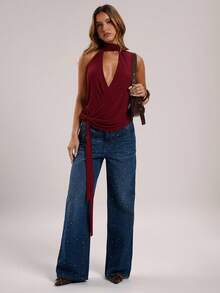 SHEIN BAE 女士纯色深V领褶皱性感时尚吊带上衣 - 酒紅色 - 查看 7