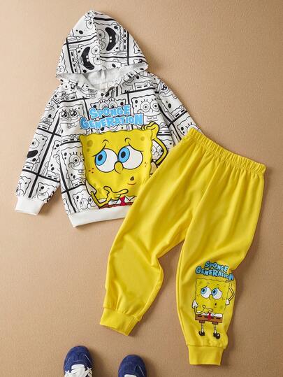 SpongeBob SquarePants | SHEIN Young Boy Black & White Cartoon All-Over Print Loose Fit Hoodie And Sweatpants Set, Autumn/Winter