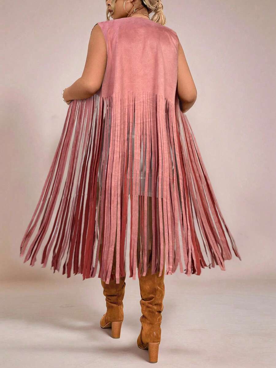 Freevana Autumn/Winter Brown Tassel Bohemian Style Country Music Festival Long Sleeveless Women Casual Coat Vacation Outfits Woman Vacation Outfits Woman - Pink - View 1