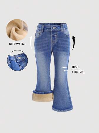 SHEIN Young Girl' Cute Blue Denim Thermal Lined Skinny Flare Pants, Thick Denim Flare Trousers, Girls' Autumn/Winter Outfit