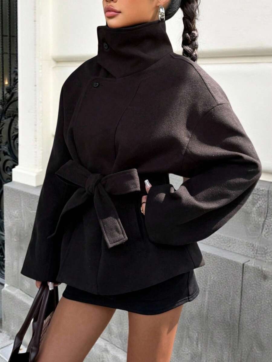 SHEIN EZwear Women's Warm Coat: Black Double-Button Closure, Belted High Waist & Wide Long Sleeves | Casual Drop Shoulder Style Women's Black Casual Coat For Autumn & Winter - High Collar, Belted Waist, Warm With Drop Shoulder & Wide Long Sleeves - Black - View 1