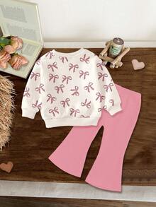 2pcs/Set Baby Girl Casual Loose Thick Soft Round Neck Long Sleeve Sweatshirt & Flare Pants Set, Cream White & Cream Pink, Cute Cartoon Cat, Leopard Bow Print, Suitable For Autumn & Winter - Multicolor - View 2