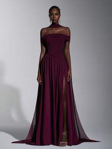 Elitara Elegant, Romantic, Fashionable Chestnut Color Elastic Fabric Shawl Flounce, Chiffon Patchwork Skirt, Big A-Line Silhouette, Front Slit, Small Train, Suitable For Wedding Guest, Holiday, Birthday Party, Wedding Ceremony, Bridesmaid Dress, Formal Evening Gown - Maroon - View 4