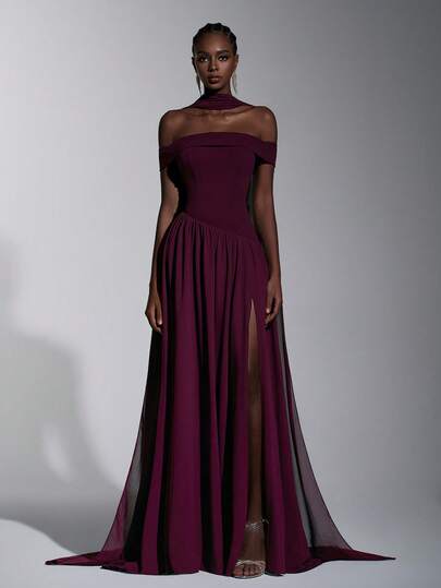 Elitara Elegant, Romantic, Fashionable Chestnut Color Elastic Fabric Shawl Flounce, Chiffon Patchwork Skirt, Big A-Line Silhouette, Front Slit, Small Train, Suitable For Wedding Guest, Holiday, Birthday Party, Wedding Ceremony, Bridesmaid Dress, Formal Evening Gown