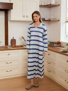 SHEIN Doze Lane Women's Loose Long Striped Lapel Long Sleeve Nightgown, Can Be Worn Outerwear Women Pajama Dress Women's Lounge Wear Sets Women's Nightdress Loungewear Dress - Multicolor - View 4