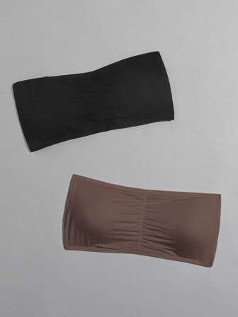 2 pièces/set Soutien-gorge bandeau plissé sans fil de couleur unie pour femmes