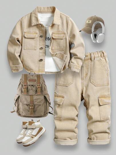 Young Boys 2-Piece Denim Outfit - Khaki Vintage Denim Jacket With Lapel Collar + Vintage Cargo Denim Casual Pants, Loose Fit, Comfortable, Suitable For Daily Outings, School, Commuting, Parties, Home, Halloween And Other Occasions, 25 Autumn/Winter New Arrival Boys Outfits Sets Boys Beige Outfits Boys Beige Cargo Pants Boys Casual Outfit