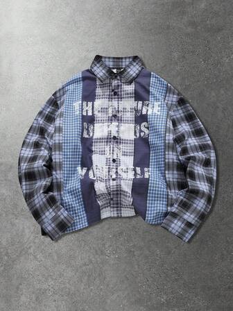 Camisa de manga larga a cuadros con parches para hombre, estilo callejero estadounidense, primavera/otoño