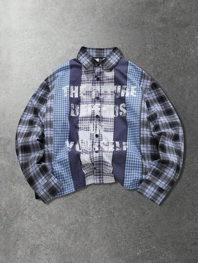 Camisa de manga larga a cuadros con parches para hombre, estilo callejero estadounidense, primavera/otoño