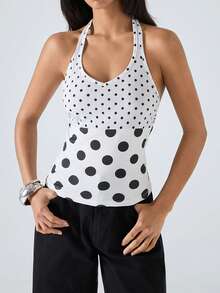 LYSMO 2026 New Arrive Minimalism Spring/Summer Women's Fashionable Polka Dot Print Backless Halter Neck Camisole, Summer - Black and White - View 7