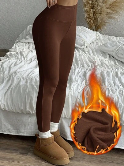 SHEIN EZwear Plus Size Women Solid Color Casual High Waist Thermal Lined Leggings