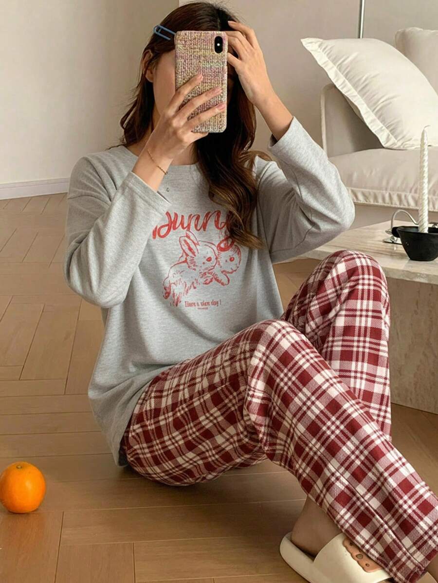 Tween-Mädchen 2-teiliges Pyjama-Set mit Weihnachtshasen-Print – Graues Sweatshirt-Oberteil aus Milchseide und rot-karierte, locker sitzende Hose, weihnachtliches Outfit