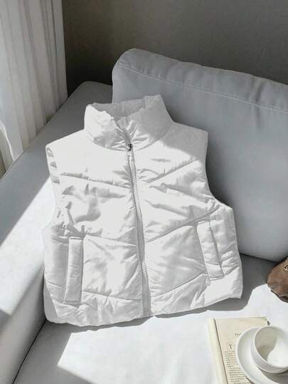 Tween Girls Casual All-Match Versatile Quilted Padded Stand Collar Short Padded Vest, Autumn/Winter