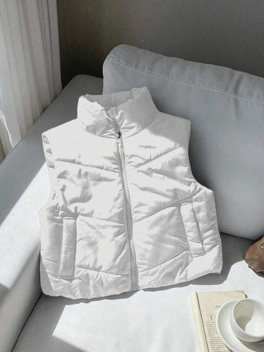 少女休闲百搭绗缝立领短款加厚背心，秋冬季 - 白色 - 查看 1