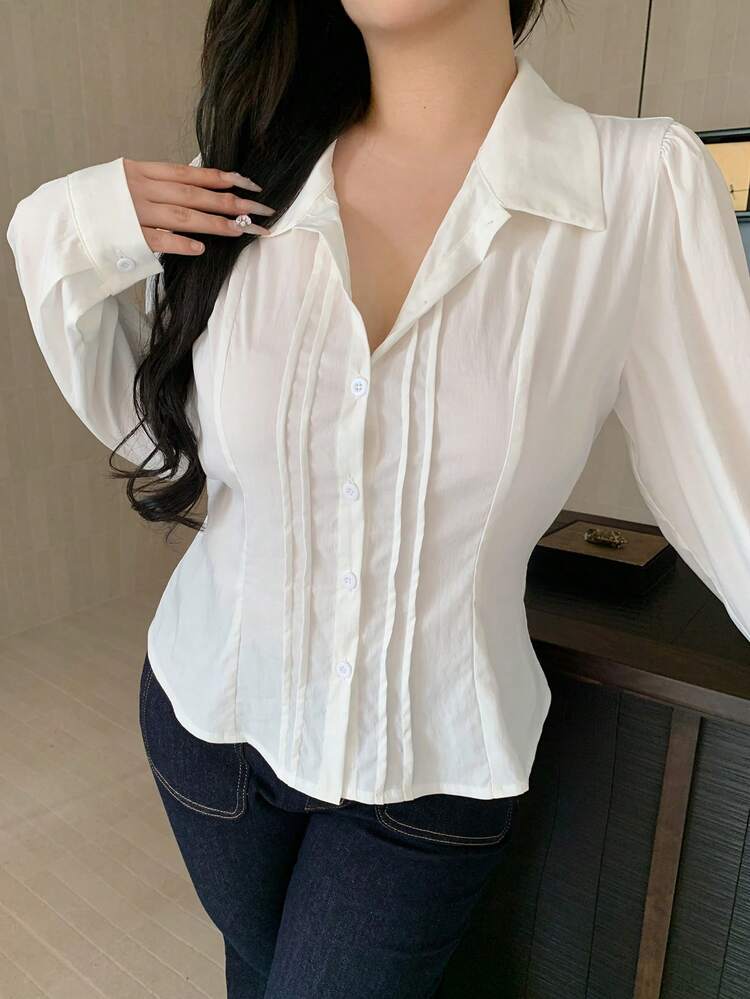 Dazy Plus Fashionable Casual Fitted Pleated Slimming Versatile Commuting Cropped Long Sleeve White Shirt