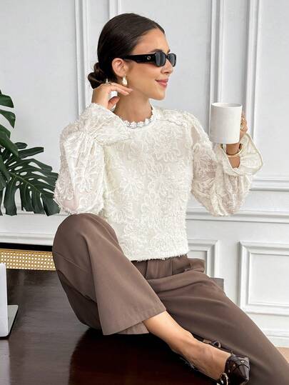 SHEIN Frenchy 女士优雅纯色衬衫，秋季套头衫，女士优雅上衣，端庄衬衫，女士早餐装，女士优雅衬衫，适合休闲和度假，法式风格，巴黎女士，欧式风格，欧洲度假，女士优雅衬衫，适合所有季节，新年，复古，简约，适合日常穿着，法式风格，欧式风格，圣诞春季