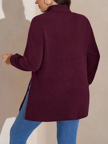 SHEIN LUNE Maglietta oversize con collo alto, spalle scoperte e orlo spaccato, adatta per uscite invernali e Capodanno, in tinta unita, taglie forti - Viola rosso - Visualizzare 2