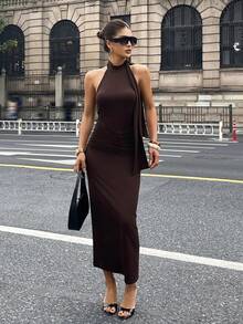 DAZY High Neck Elegant Sleeveless Greek Style Mid-Length Dress For Women Maxi Dress - Coffee Brown - View 4