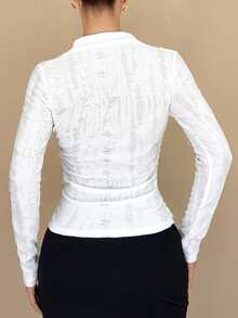 Rafferiza T-shirt slim à col bénitier déchiré de couleur unie automne, Top à col bénitier blanc à manches longues, top blanc élégant, top blanc texturé, top blanc à manches longues, hauts blancs pour femmes, hauts à manches longues blancs pour femmes, top blanc sexy col roulé