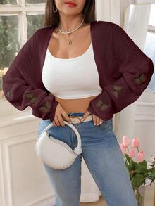 SHEIN LUNE Plus Size Women Solid Color Knitted Butterfly Embroidered Short Cardigan, Fashionable And Versatile For Autumn/Winter - Burgundy - View 6
