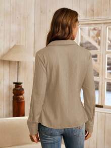 LanaWest Women's Western Bohemian Textured Fabric Lapel V-Neck Long Sleeve Front Ruched Single-Breasted Blouse, Elegant Teacher, Suitable For Halloween, Autumn New Arrival Fashion Niche Design Versatile Shirt - Khaki - View 2
