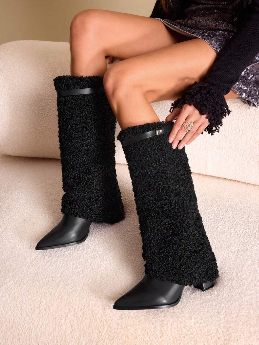 Daringsoles 女士时尚尖头粗跟过膝长靴 - 黑色 - 查看 1