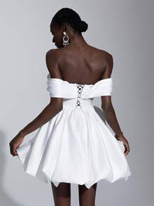 Elitara Elegant Luxury Satin Off Shoulder V-Neck Ruffle Puff Ball Gown, Suitable For Weddings, Parties, Dating, Balls, Brides, Gifts White